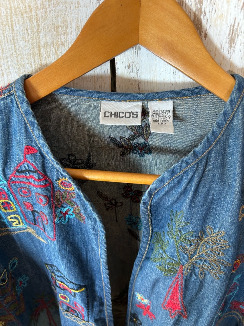 Chico's Blue Denim Jacket with Multicolor Embroidery - Picture 4 of 12